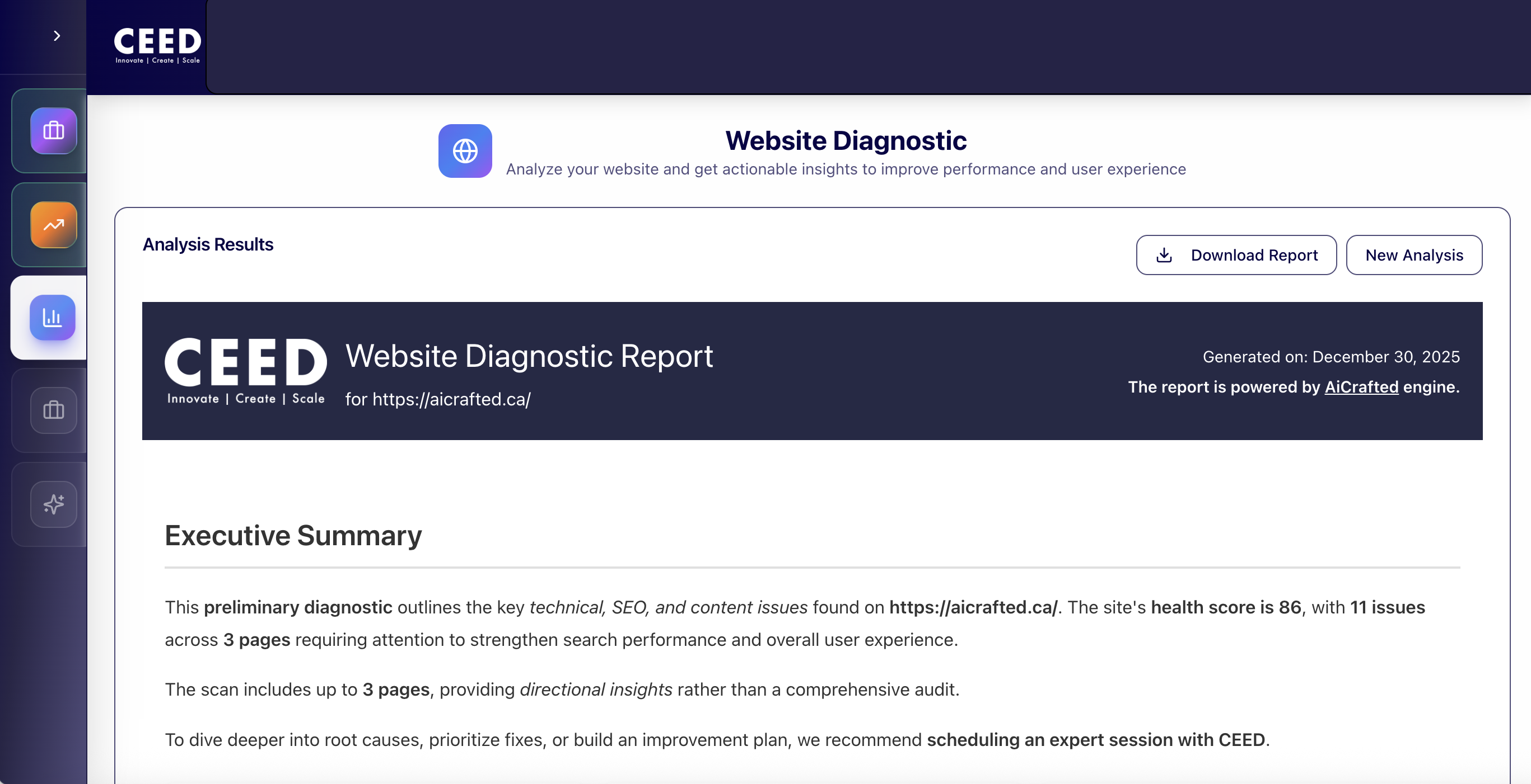 Website Diagnostic Tool interface showing analysis report with health score, issues identified, and actionable recommendations